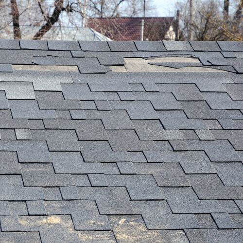 a shingle roof with wind damage